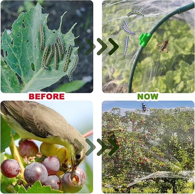 Garden Netting Kit 10×30 FT Ultra Fine Mesh Plant Protection Cover with 6 Sets Garden Hoops & 36 Clips, Garden Netting for Raised Beds, Physical Pest Barrier Netting for Vegetable Gardens & Row Covers