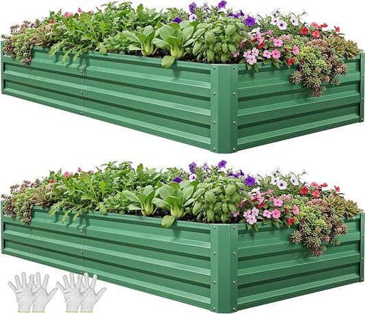 YITAHOME 6x3x1ft 2pcs Large Raised Garden Bed Kit, Galvanized Metal Planter Box with Gloves, Ground Nails, Support Rod, Outdoor Above Ground Planters for Plants Vegetables Flowers, Green
