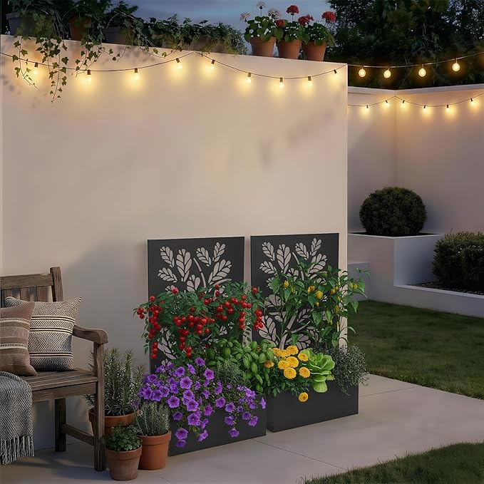 VINGLI Metal Raised Garden Bed with Trellis, Outdoor Planter Box for Climbing Vegetables, Fruits and Flowers, Privacy Screen, for Backyard, Patio, Balcony (Tropical)