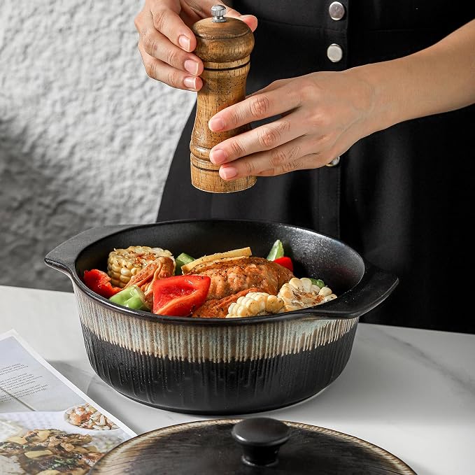 KOOV Ceramic Casserole Dish with Lid, 2 Quart, 9 inch, Rough Black
