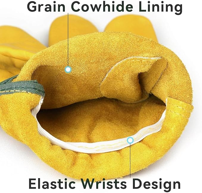 OZERO Leather Work Gloves for Men & Women, 3 Pairs Genuine Cowhide Garden Gloves, Lab Tested EN388 2143X, Flexible Grip, Breathable Unlined Comfort, Elastic Wrist (Gold, Small)