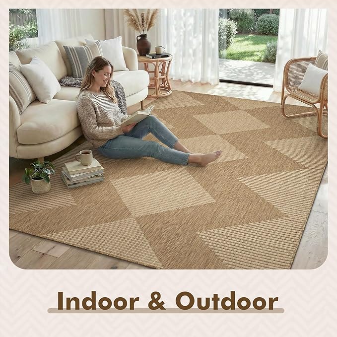 MontVoo-Outdoor Rug Carpet Patio Rug 6x9 ft Polypropylene Indoor Outdoor Rugs for Patio Deck Balcony Porch, Textured Weave, Durable for High Traffic, Fade-Resistant, Boho Geometric Neutral Brown