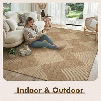 MontVoo-Outdoor Rug Carpet Patio Rug 6x9 ft Polypropylene Indoor Outdoor Rugs for Patio Deck Balcony Porch, Textured Weave, Durable for High Traffic, Fade-Resistant, Boho Geometric Neutral Brown