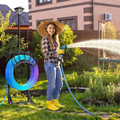 New Upgraded 3-in-1 Garden Hose Holder with Solar Light & Shepherds Hooks | Stores 160" Hose, Freestanding with Double Hooks for Hanging Decor - Perfect for Outdoor Yard, Lawn & Patio at Night