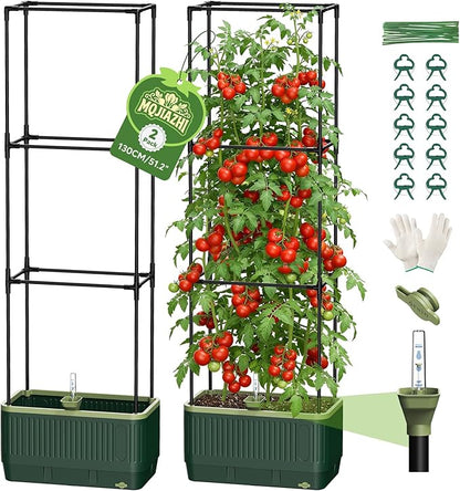 Raised Garden Bed with Tomato Cages，52"/4.3ft Tomato Planter with Trellis,Adjustable Height,Self Watering Planter Box for Vegetables & Climbing Plant Indoor Outdoor Balcony Patio (2)