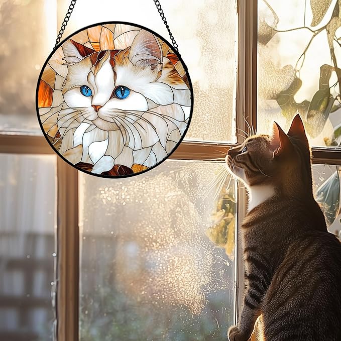 Stained Glass Window Hanging 4 Pcs Set Cute Cat and Dog Large 11.8" - Animal Suncatcher Door Garden Sun Catcher Decor Birthday Mother's Day for Mom Woman Nana Girl Boy Friend