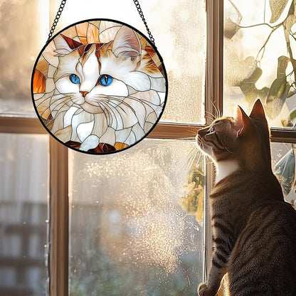 Stained Glass Window Hanging 4 Pcs Set Cute Cat and Dog Large 11.8" - Animal Suncatcher Door Garden Sun Catcher Decor Birthday Mother's Day for Mom Woman Nana Girl Boy Friend