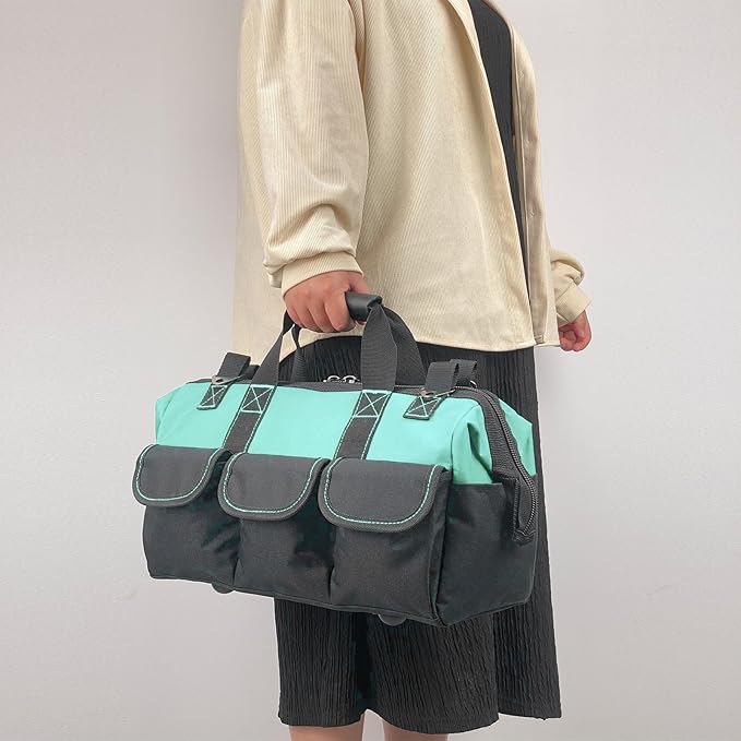 Women Garden Tools Bag 16inch Wide Mouth Tool Bag with Molded Base and Plastic-Padded, Inside Pockets for Tool Storage and Organization,600D polyester fabric (Teal color)