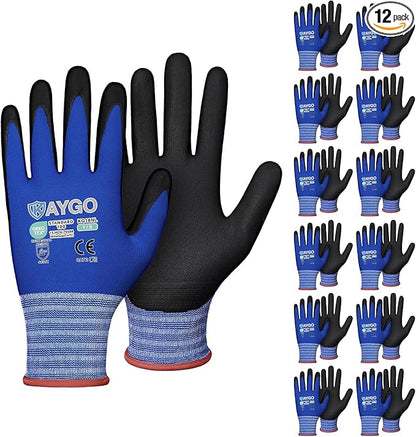 KAYGO Safety Work Gloves MicroFoam Nitrile Coated-12 Pairs, KG18NB,Seamless Knit Nylon Glove with Black Micro-Foam Nitrile Grip,Ideal for General Purpose,Automotive,Home Improvement,S