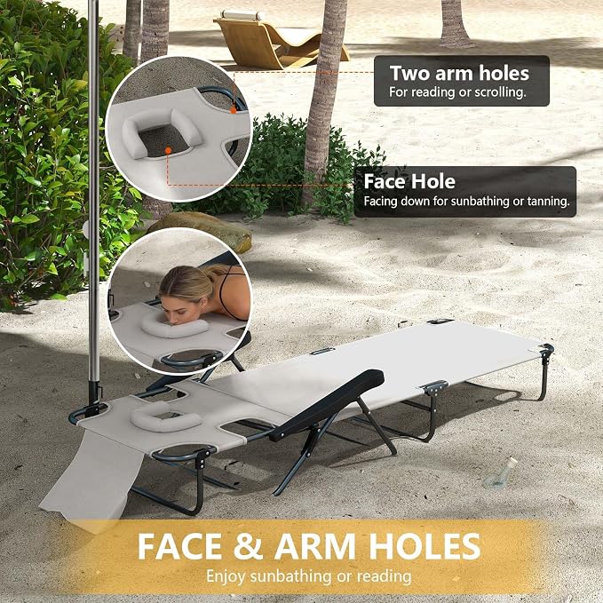 Sun Tanning Chair with Face Hole, Heavy Duty Adjustable 5-Position Folding Laying Out Chairs for Tanning, Beach Lounge Chairs for Adults for Outdoor Sunbathing Patio Pool Lawn (Cream White)