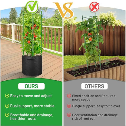 Legigo 4 Pack 48 Inch Tomato Cages with 10 Gallon Grow Bags- Tomato Trellis Plant Support Stakes Planter, Garden Cages Trellis for Vertical Climbing Plants Vegetables Flowers Fruits