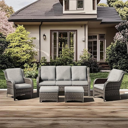 5 Pieces Outdoor Patio Furniture Conversation Set PE Rattan Wicker with a 3-Seater Sofa, 2 Armchairs, 2 Outdoor Ottomans for Yard Backyard (Brown/Beige)
