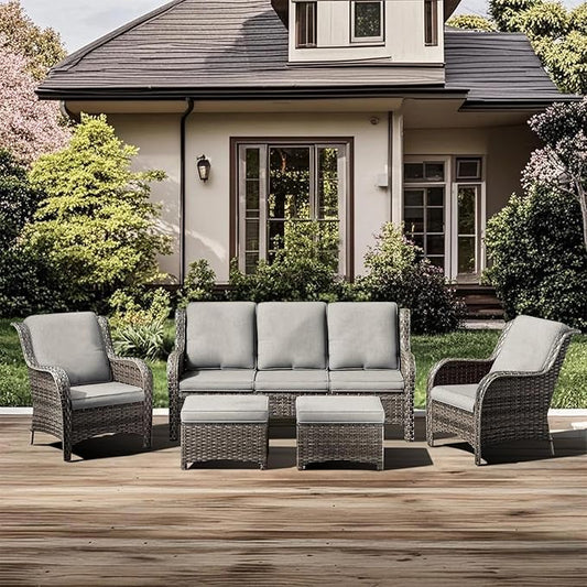 5 Pieces Outdoor Patio Furniture Conversation Set PE Rattan Wicker with a 3-Seater Sofa, 2 Armchairs, 2 Outdoor Ottomans for Yard Backyard (Brown/Beige)