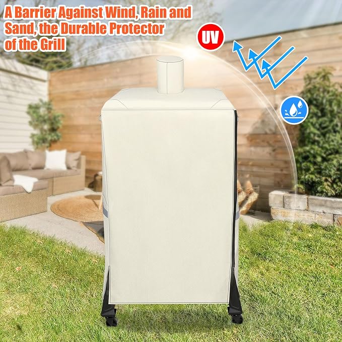 QuliMetal Vertical Smoker Cover for Pit Boss 4/5/7 Series Vertical Smokers, PBV4PS1, PBV5PW1, PBV4PS2, PBV5P1, 600D Waterproof Fade Resistant Grill Cover with Zipper Design for Pitboss 73550, Beige