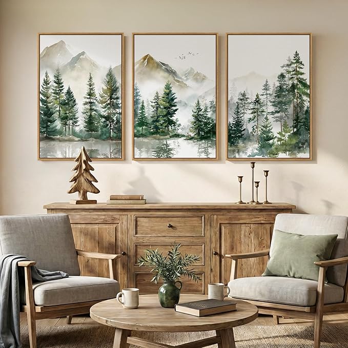 Framed Forest Mountain Landscape Wall Art for Living Room, 3 Piece Green Pine Tree Canvas Artwork for Walls, Large Watercolor Nature Foggy Scenic Painting Print for Bedroom Office Wall Decor, 24x36 In
