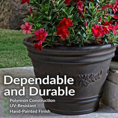 Sunnydaze 13-Inch Laurel Large Plant Pot - Polyresin Round Outdoor Planter with Drillable Drainage Holes - Rust