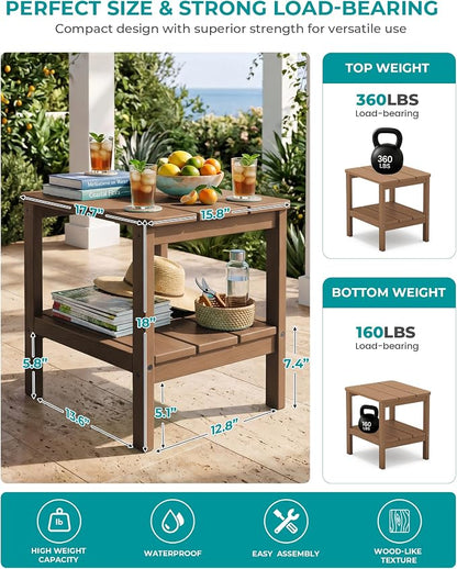 SERWALL 2-Tier HDPE Outdoor Side Table, Weatherproof Rectangular Adirondack Side Table, Brown