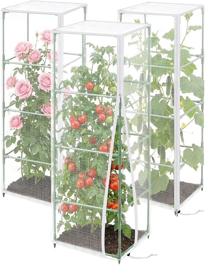 3 Pcs Tomato Netting for Garden Protection, 57" X 17.7" X 17.7" Square Tomato Cage Insect Barrier Plant Netting Mesh Cover with Zipper & Drawstring, for Vertical Climbing Plants Vegetables Fruits