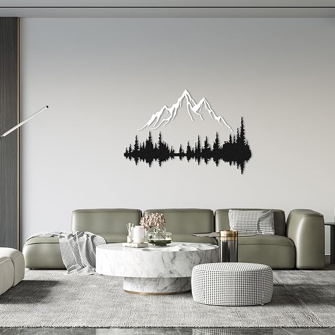 WOCHMANN,Mountain Lake Forest Large Metal Wall Art Black Minimalist Nature Silhouette Wall Decor Outdoor Landscape Wall Sculpture for Living Room, Bedroom, Kitchen or Office (Black & White, 47W'' x 31L'', Unframed)