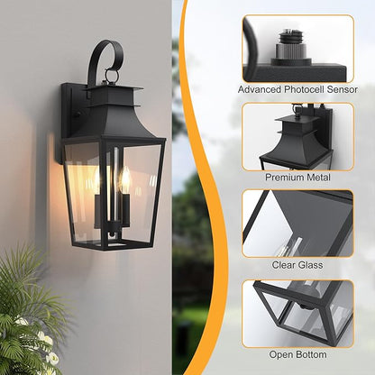 𝟐𝟎.𝟗𝟖-𝐈𝐍𝐂𝐇 Outdoor Wall Lights 2-Light, Waterproof Exterior Light Fixtures Wall Mount Outside Light with Glass, Dusk to Dawn Outdoor Wall Lantern for Porch, House, Garage, Black