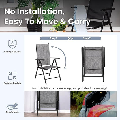 PHI VILLA Outdoor Patio Folding Chairs Set of 2, Portable Patio Dining Chairs with Adjustable Backrest for Outside, Garden, Lawn & Yard, No Assembly, Grey