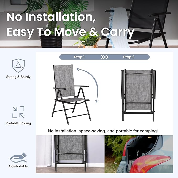 PHI VILLA Outdoor Dining Set with Umbrella for 4, Patio Dining Funiture Set with Metal Outdoor Table and Chairs Foldable with Adjustable Backrest