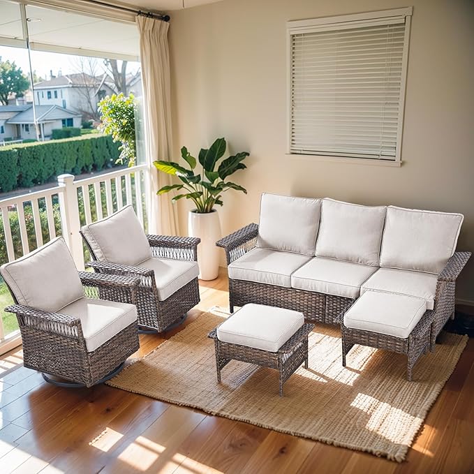 Patio Furniture Set 2 Wicker Swivel Glider Chairs 2 PE Rattan Ottomans with Patio PE Rattan Sofa Brown Wicker Beige Cushions Patio Conversation Set 5pcs for Garden Balcony Backyard