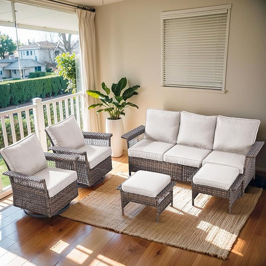 Patio Furniture Set 2 Wicker Swivel Glider Chairs 2 PE Rattan Ottomans with Patio PE Rattan Sofa Brown Wicker Beige Cushions Patio Conversation Set 5pcs for Garden Balcony Backyard