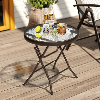 Foldable Patio Side Table Set of 2 with Tempered Glass Top 18" Folding Outdoor Side Tables Set of 2 Small Glass Patio End Tables for Porch Yard Balcony Deck Lawn Dining Garden (Brown)