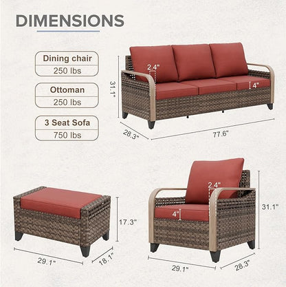 COOS BAY Modern Wicker Outdoor Furniture Set, Patio Conversation Set with Patio Chairs, 3 Seat Couch, and Ottomans, 5 Piece, Brown/Red