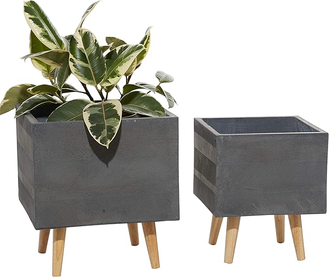 Deco 79 Set of 2 Grey Polystone Contemporary Planter 13, 15 Inches