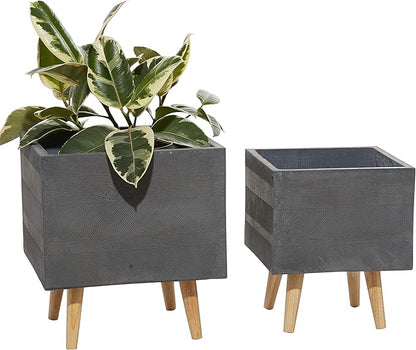 Deco 79 Set of 2 Grey Polystone Contemporary Planter 13, 15 Inches