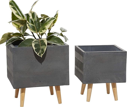 Deco 79 Set of 2 Grey Polystone Contemporary Planter 13, 15 Inches