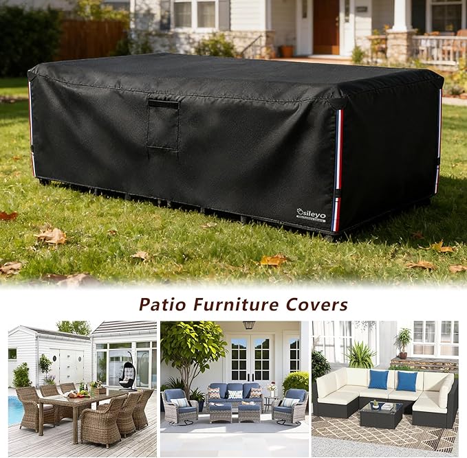 Waterproof Patio Furniture Covers,600D Heavy Duty Patio Cover for 6/7/8 PCS Sets Sectional Sofa Couch Dining Rocking Swivel Chairs Ottomans Coffee Table,126L x 63W x 28H inch Black