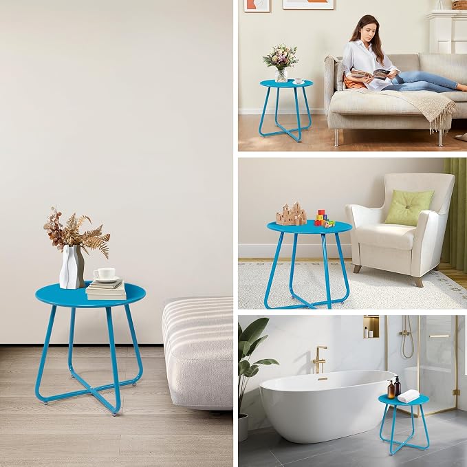 Patio Small Side Table Waterproof Round Metal Steel Weather Resistant Portable Outdoor and Indoor End Table for Garden Balcony Yard,Sky Blue(4 PCS)