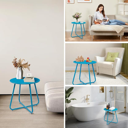 Patio Small Side Table Waterproof Round Metal Steel Weather Resistant Portable Outdoor and Indoor End Table for Garden Balcony Yard,Sky Blue(4 PCS)
