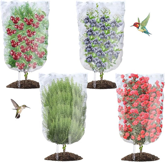 4PCS Bird Netting for Fruit Trees 2.6x3.3FT Mesh Bag with Drawstring Garden Insect Nettings Pest Barrier Blueberry Bush Netting Plant Row Cover White Mosquito Net for Fruit/Flowers/Herb/Vegetables
