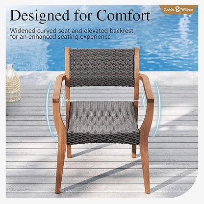 Sophia & William Patio Dining Chair Set of 2, Outdoor Rattan Wicker Dining Chairs with Sturdy Acacia Wood Frame,Weather Resistant Accent Chairs for Garden, Backyard, Poolside, Balcony