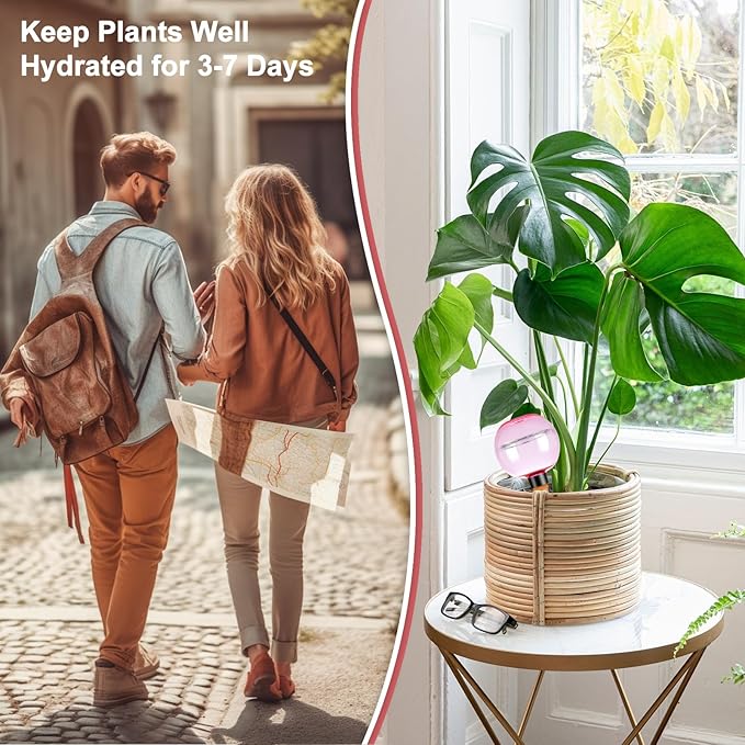 6 Pack Self Watering Globes 17oz Large Plant Watering Globes Top Fill, Self Water Planter Insert Indoor/Outdoor Plastic Water Bulbs Slow Release Terracotta for Plants, Pink