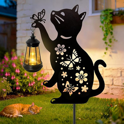 ANGMLN Cat Outdoor Solar Lantern Waterproof, Birthday Gifts for Christmas Women Mom, Solar Hanging Lights with Butterfly, Black Cat Metal Figurine Garden Decor Patio Yard Pathway Backyard Ornaments