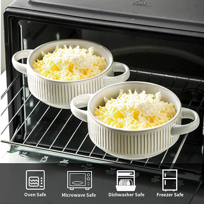 Soup Bowls with Handles, 23 oz French Onion Soup Crocks, Stackable Soup Bowl Oven Safe for Chili, Beef Stew, Embossment Ceramic Bowl Set - 5.4 Inch, Set of 4,Blue