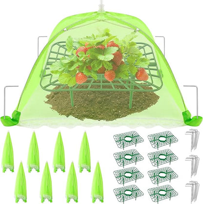 8 Sets Strawberry Plant Support with Mesh Plant Cover,Strawberry Growing Racks Sets with Iron Plant Nails for Garden Strawberry Vegetables