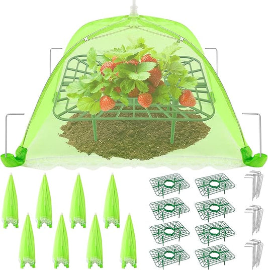 8 Sets Strawberry Plant Support with Mesh Plant Cover,Strawberry Growing Racks Sets with Iron Plant Nails for Garden Strawberry Vegetables