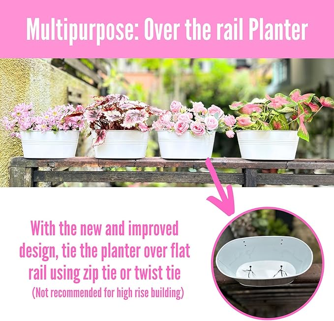 LaLaGreen Rail Planters for Outdoor (10 Pack, 11.2 Inch) White Metal Iron Strawberry Planter Hanging Flower Pots, Deck Railing Fence Bucket Wall Mount Window Box Plant Holder with Hooks Porch Decor