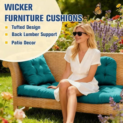 Patio Furniture Cushions Outdoor, Waterproof Wicker Chair Cushions Set of 3, 1 Loveseat & 2 Seat Pads, Thick Outdoor Replacement Cushions for Porch Lawn Bench Couch Sofa Swing, Lake Blue