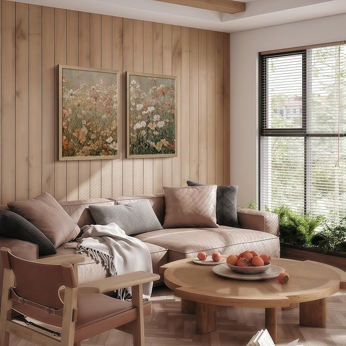Framed Vintage Canvas Wall Art Modern Floral Poster Picture Countryside Painting Nature Landscape Contemporary Home Print Living Room Gallery Office Ready to Hang 16x24 Inch x2