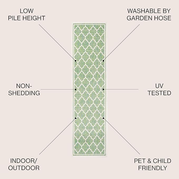 JONATHAN Y Moroccan Trellis Indoor Outdoor Runner Rug 2X10 Cream/Green, Trebol Textured Weave for Backyard, Patio, Porch, Easy-Cleaning, High Traffic, Pet-Friendly, Non-Shedding (SMB109I-210)