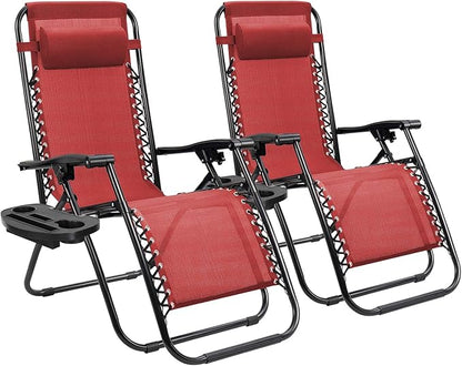Homall Zero Gravity Patio Folding Lawn Reclining Lounge Chairs Outdoor Gravity Camp Chairs with Cup Holder Pillows for Poolside Backyard and Beach Set of 2 (Red)
