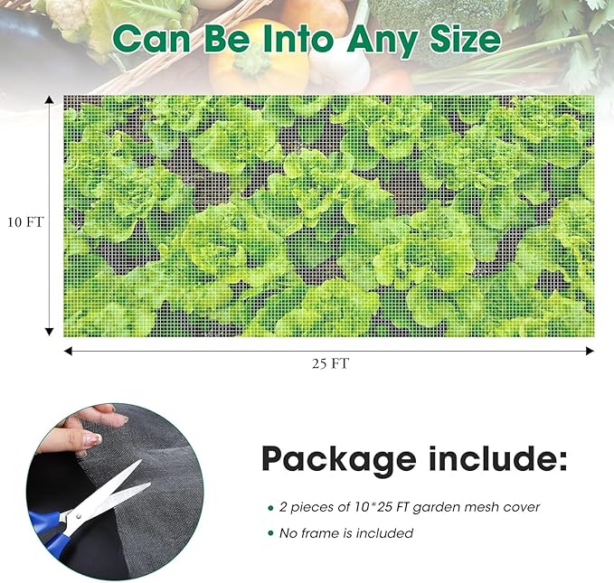 Unves 2 Pack 10 x 25 FT Garden Netting, Mosquito Bird Insect Netting for Garden Protection Vegetable Fruits, Raised Bed Ultra Mesh Plant Covers Protect Plants from Birds Bugs