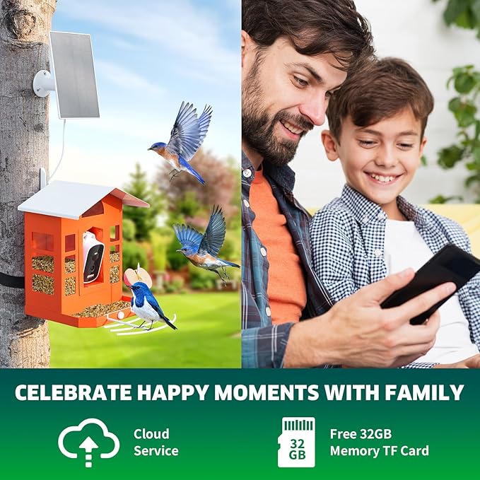 Metal AI Bird Feeder Camera w/ 32GB - Solar Powered, 2K Auto Rec & Live View, Identifies 10000+ Birds